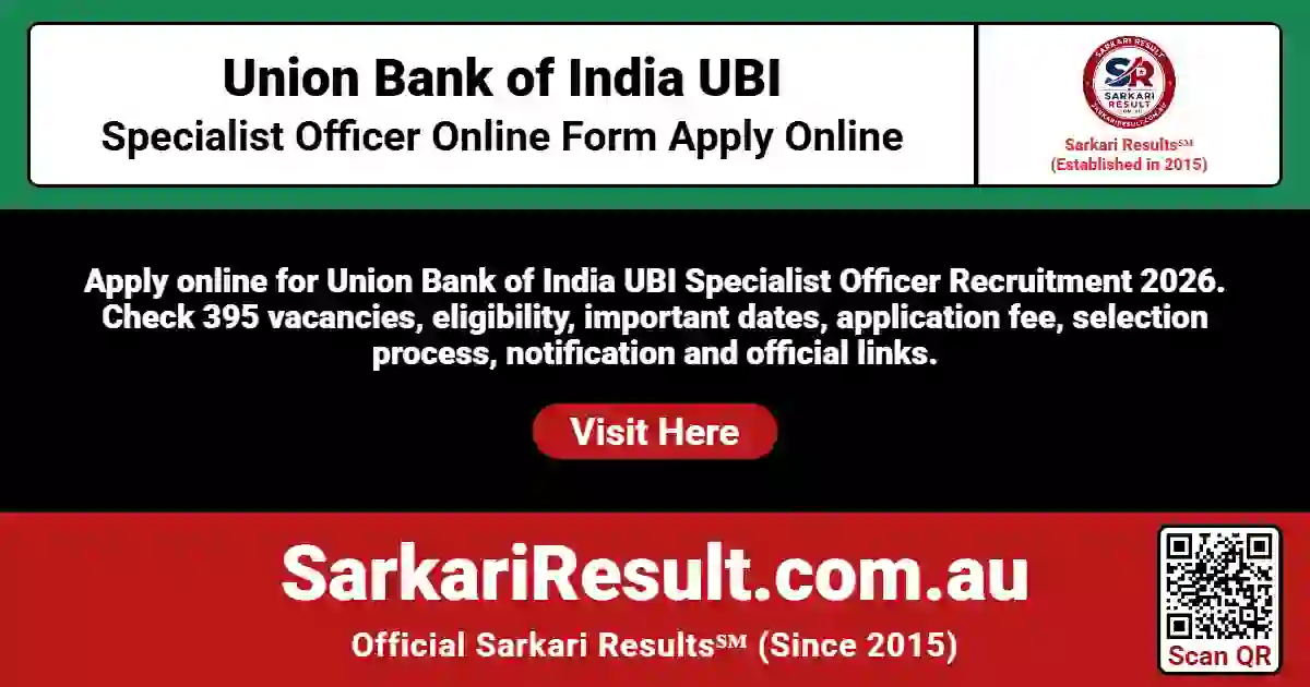 Union Bank of India UBI Specialist Officer Recruitment 2026 Online Form